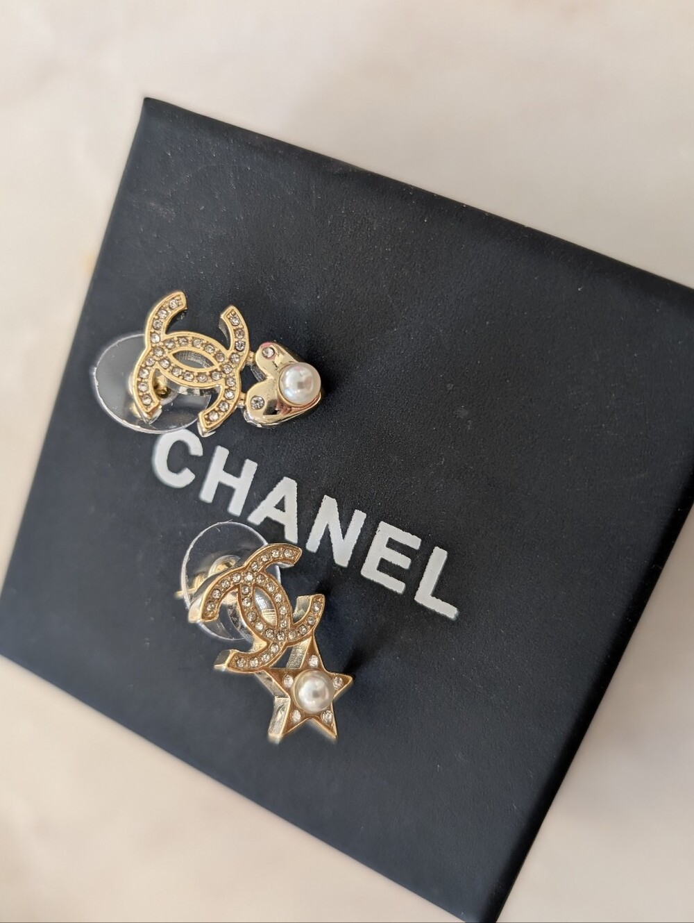 CHANEL Gold Crystal CC Drop Earrings with Pearl Star and Heart Motifs